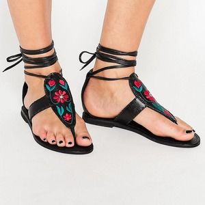 ASOS Frieze Leather Flat Sandals Embroidered